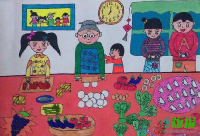 过年一家人包饺子主题儿童画欣赏:我学会了包饺子