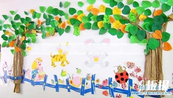 幼儿园春天主题墙饰设计：春天树林的动物联欢会