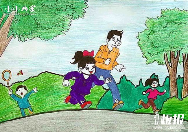 我和爸爸一起晨跑蜡笔画作品图片- www.yiyiyaya.cn